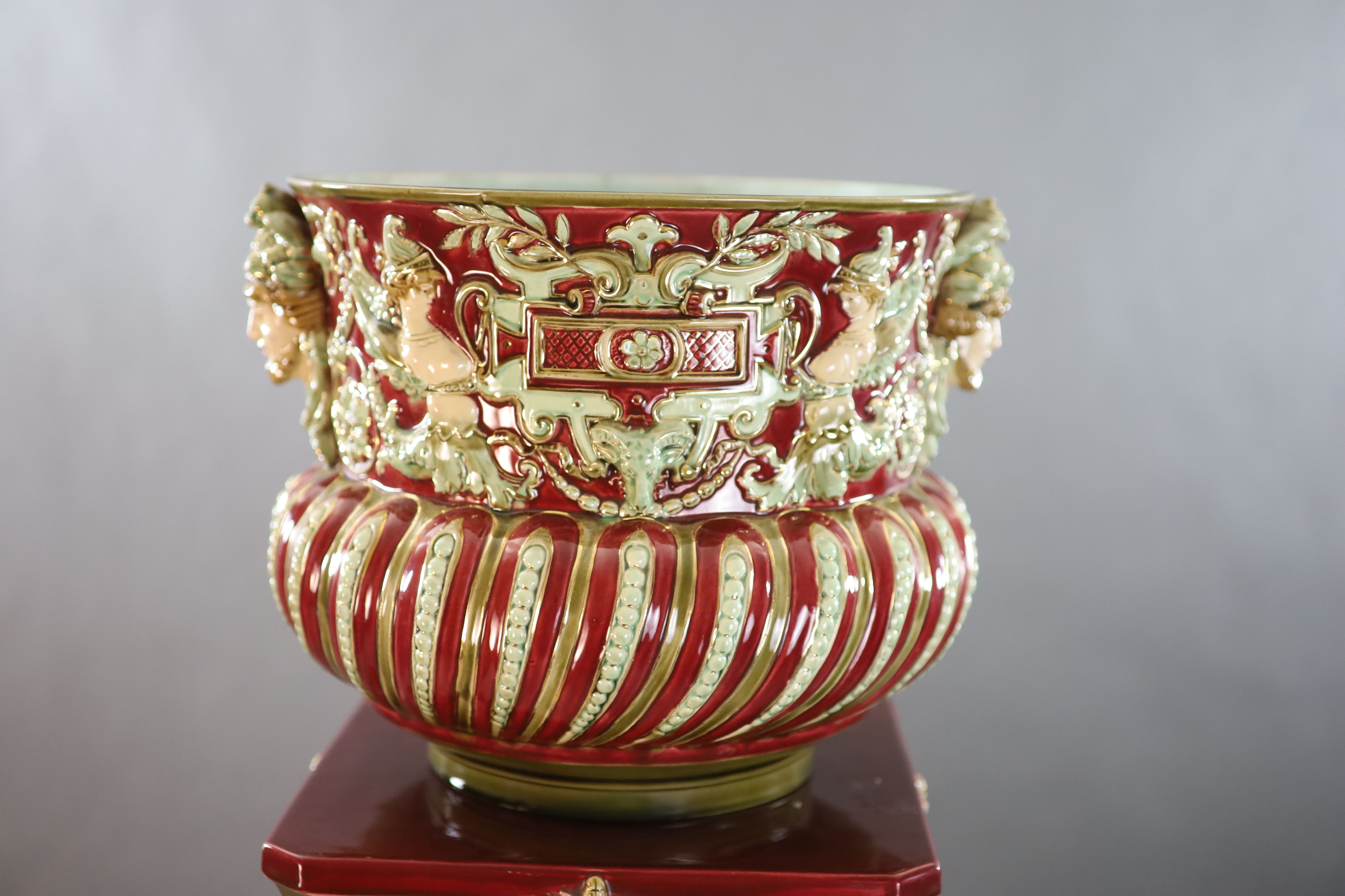 A Continental Baroque revival polychrome earthenware jardiniere and pedestal, c.1905, total height 149.5cm